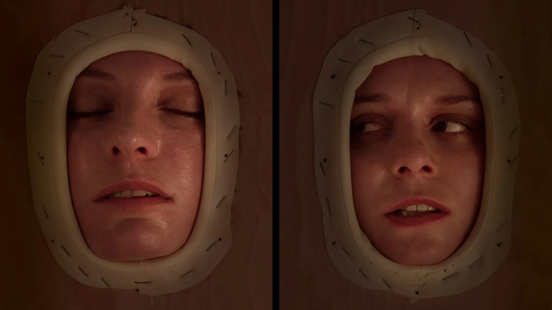 Two frames of a woman’s face in the opening of a massage table, eyes closed on the left, glancing aside on the right