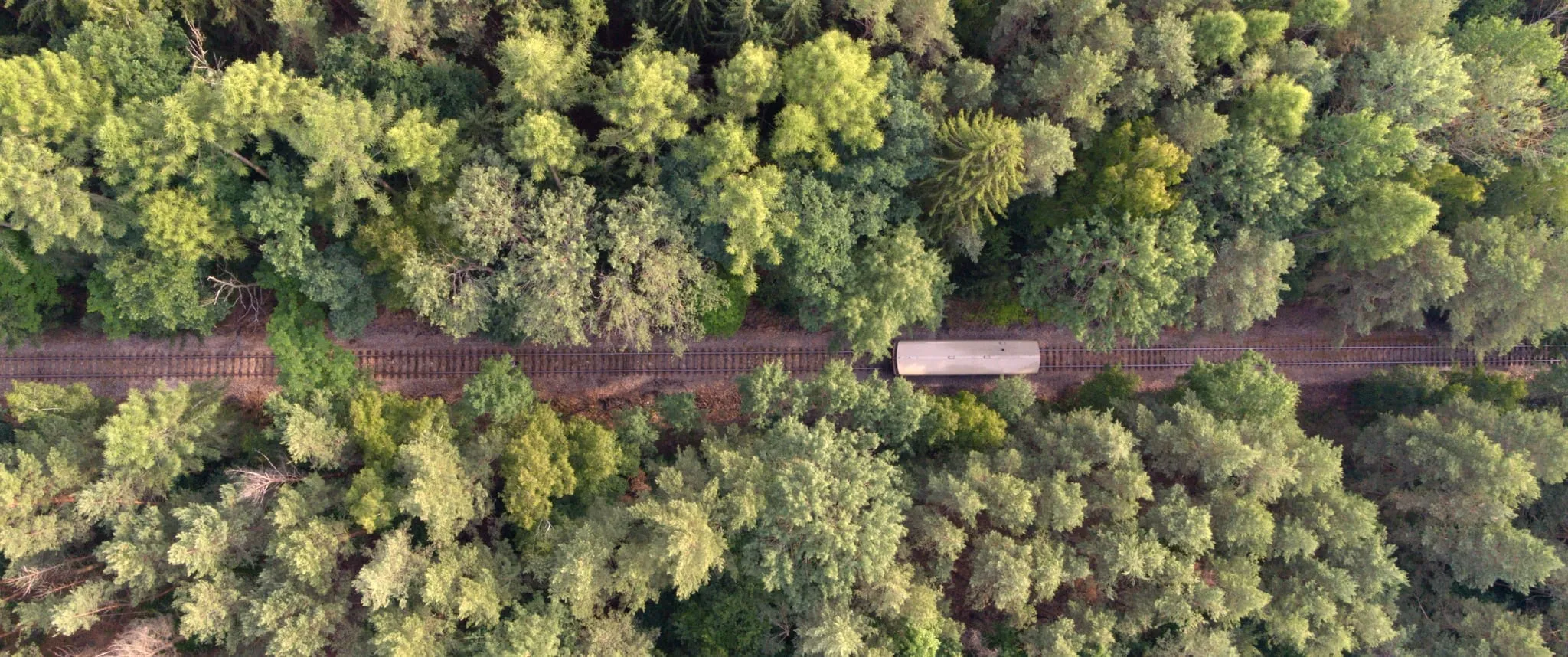 A top-down aerial view of a single railcar on a track running through dense forest