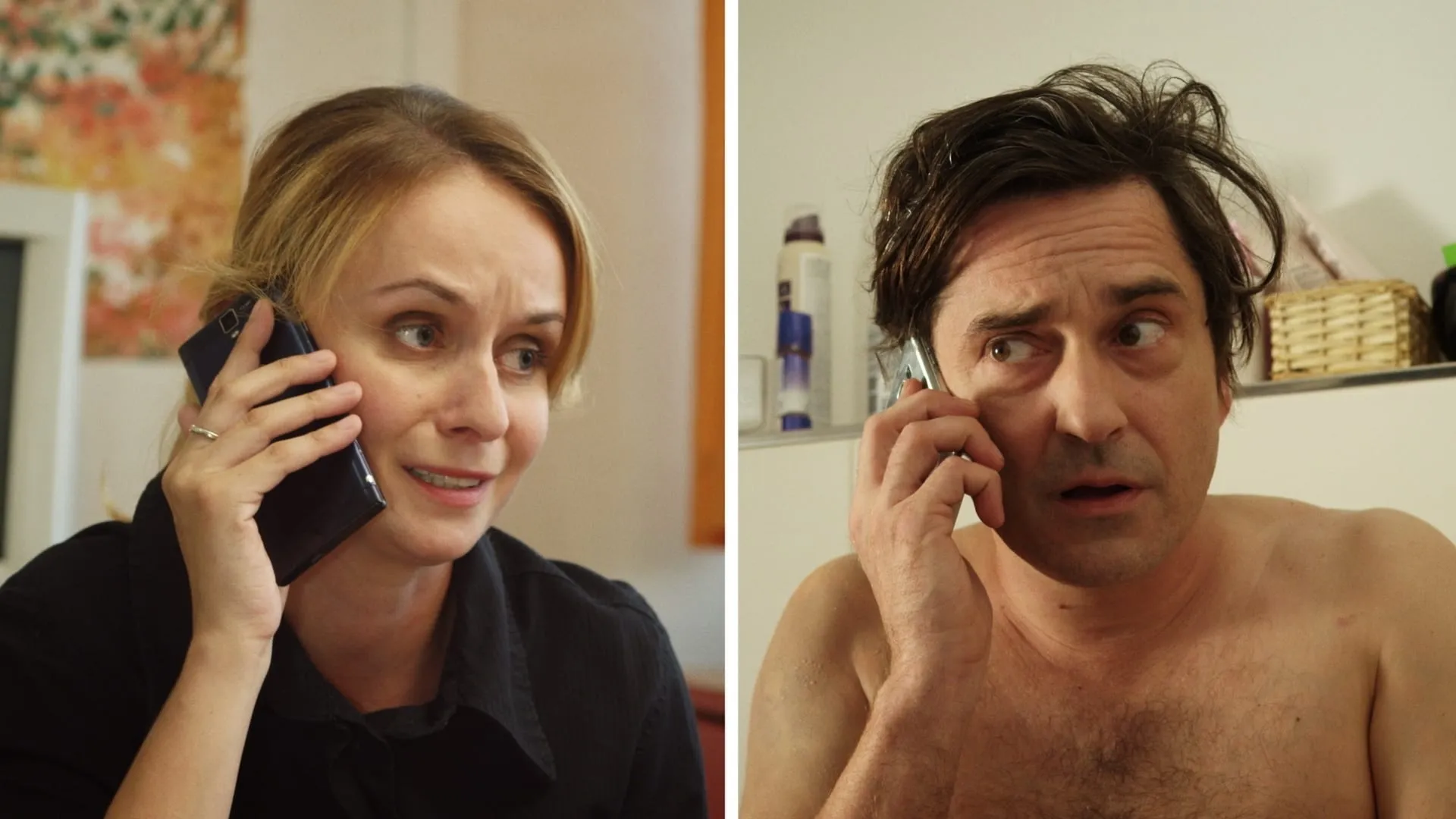 Split screen: on the left a frowning woman in a black shirt on the phone, on the right a startled bare-chested man